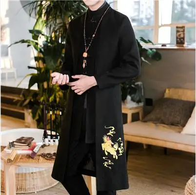 Длинная Мужская куртка, новинка, зимнее длинное пальто с вышивкой, мужское пальто в китайском стиле, мужская куртка, 5XL, большой размер - Цвет: Черный