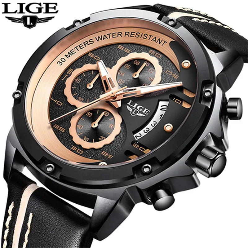 

2019 LIGE New Casual Leather Mens Watches Top Brand Luxury Male Milltary Sport Waterproof Analog Quartz Watch Relogio Masculino