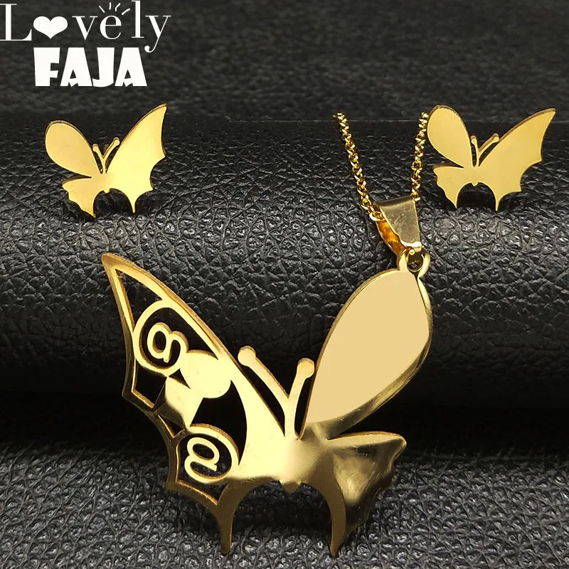 

2019 Fashion Big Butterfly Stainless Steel Jewelry Set for Women Gold Color Earrings Necklace Set Jewelry aretes de mujer 178611