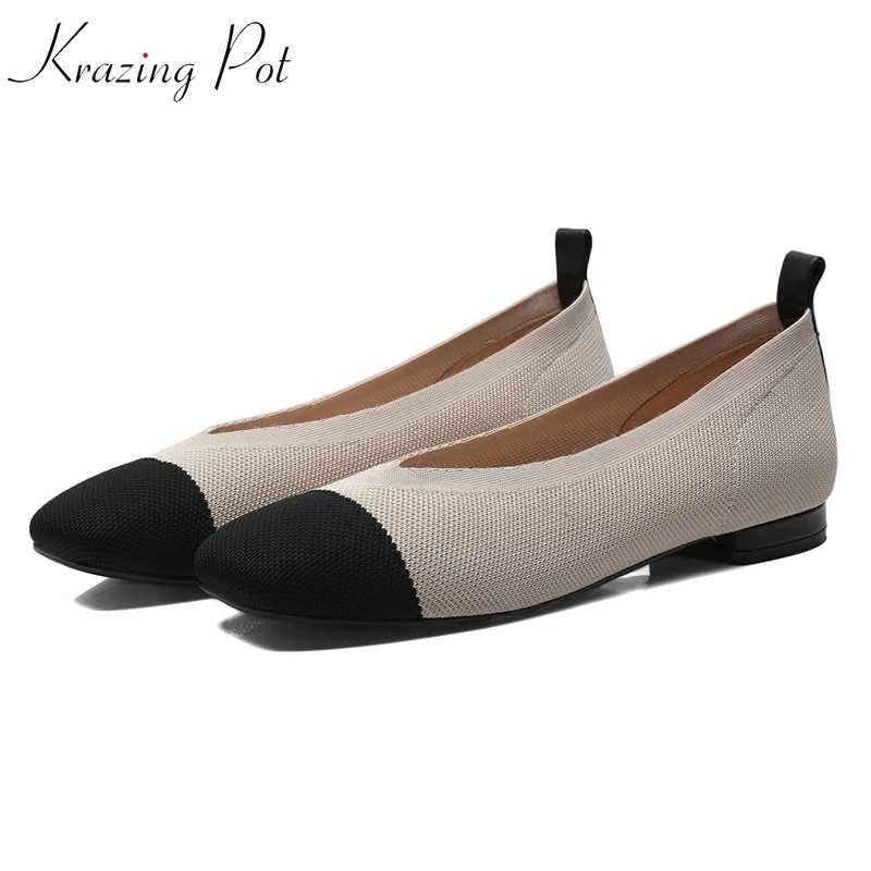 

krazing pot knitting genuine leather Hollywood star mixed color decorations flats slip on concise style women casual shoes L03