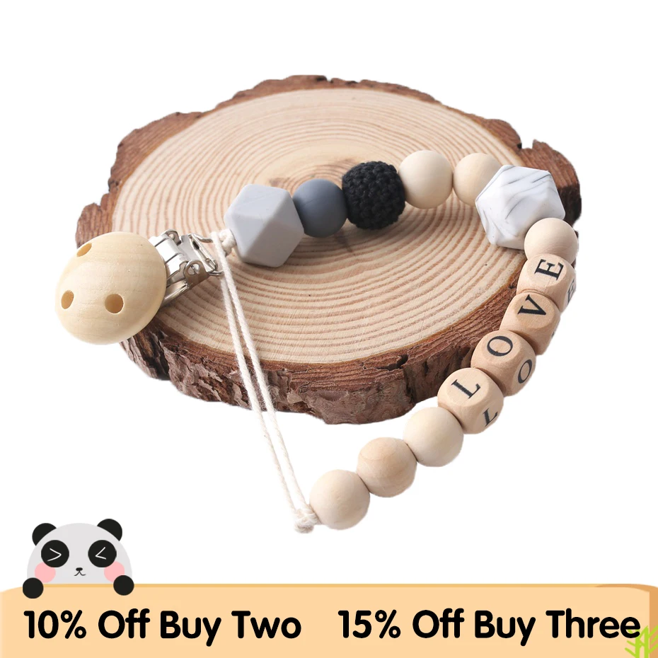 1PC Personalized Baby Gifts Silicone Beads Binky Clip Custom Pacifier Holder Baby Name Chain Wooden Teether Baby Pacifier Clip
