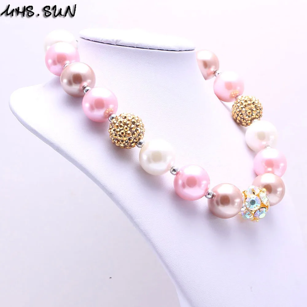 

MHS.SUN 2PCS Pink+Gold COLOR Kid Chunky Necklace Fashion Bubblegum Bead Baby Girl Chunky Necklace Jewelry For Toddler Children