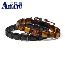 Ailatu мужской браслет натуральный тигровый глаз и черный оникс квадратные камни бусины ската из натуральной кожи браслеты макраме