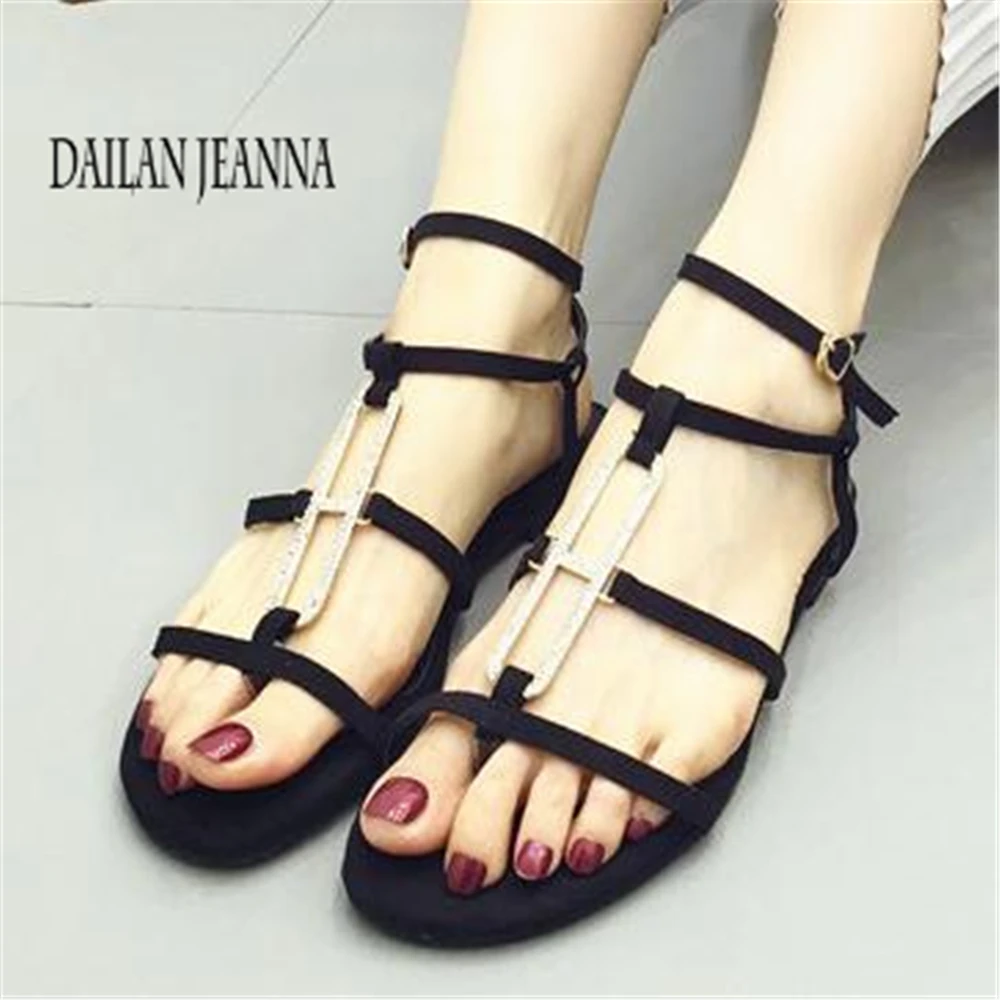 

European and American 2017 summer cross strap rhinestone toe sandals women leather flat with Roman travel flat shoes