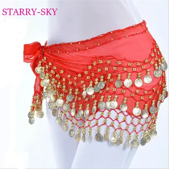 

128 Coins Professional Chiffon Belly Dance Scarf 3 Rows Boho Gold Silver Belly Dance Costume Scarfs Belt Hip Wrap Waist Chain