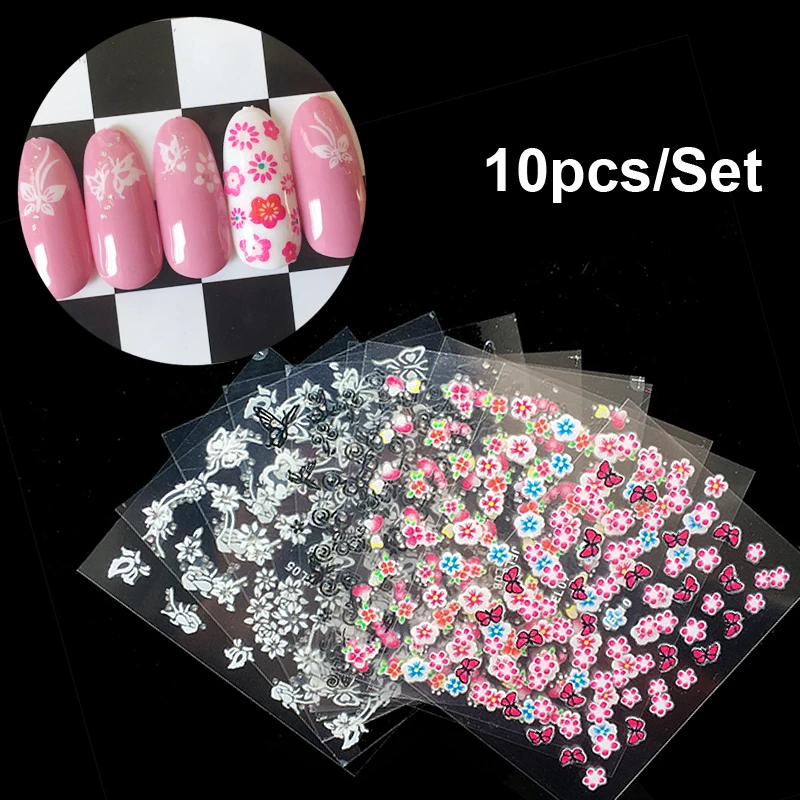 

10pcs/Set 3D Mixed Flower Butterfly Pattern Stickers Design Black White Colorful Nail Art Decals Manicure Decoration Nails Tool