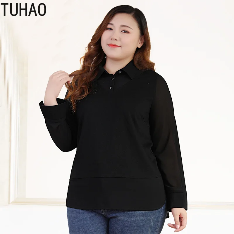 

TUHAO Women knit Blouse 2019 spring Elegant black office lady Blouses Shirts Loose Casual Tops Blusas Plus Size 10XL 8XL 6XL MS