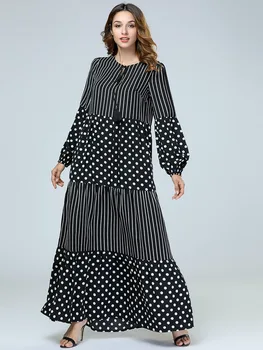 

Elegant Polka Dot Striped Long Dress Maxi Abaya Full Dresses Tunic Kimono Ethnic Robe Gowns Muslim Middle East Islamic Clothing