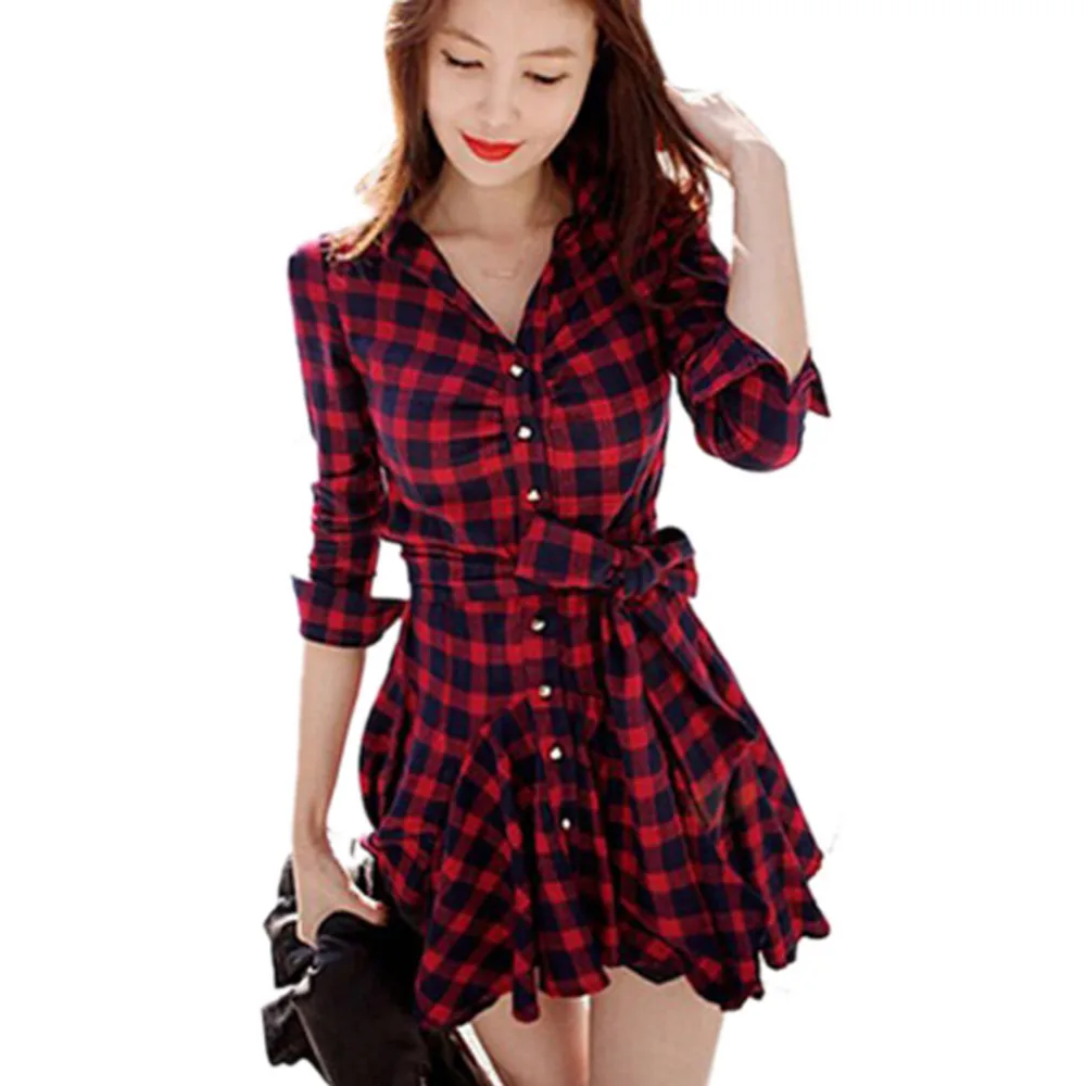 

2019 Dress Women Loose Long Sleeve Waist Belt Bow Cotton Casual Plaid Shirt Dress Vestido Long Party Dresses Cherrykeke