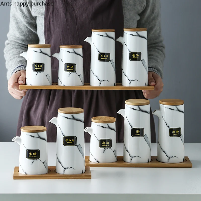 

marble Ceramic Gravy Olive Oil Pot set Soy Sauce Vinegar Seasoning Can Oil Bottle Kitchen Cooking Tools Storage Bottles set