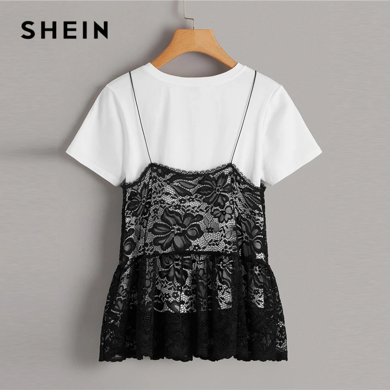 SHEIN بوهو الأسود و الأبيض 2 في 1 الزهور الدانتيل كشكش كامي المحملة عارضة T قميص المرأة الصيف أنيقة س الرقبة قصيرة الأكمام بلايز