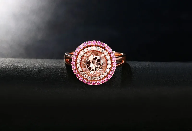 18K Rose Gold 1.54CT Round Cut Morganite 0.22ct Diamond & Sapphires Engagement Ring Free shipping