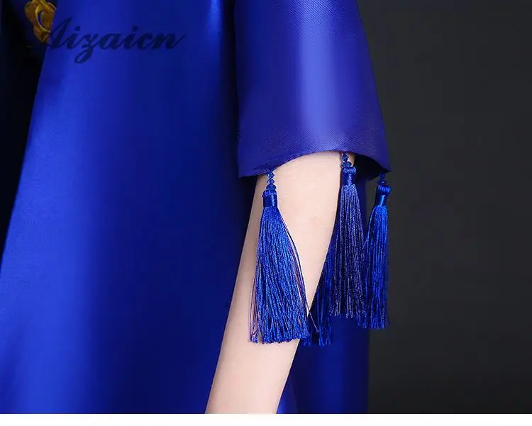 Элегантные вечерние платья с шалью кисточкой Королевский синий вышивка Китайская традиционная свадебное платье Cheongsam пикантный китайский