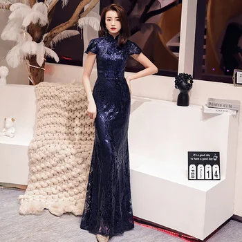 

Navy Blue Sequins Chinese Prom Dress Women Qipao Satin Bling Exquisite Marmaid Dresses Large Size 3xl Mandarin Collar Vestidos