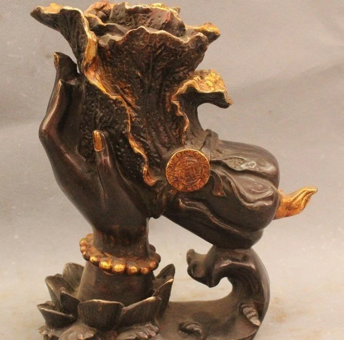 

9" China Chinese Buddhism Bronze Wealth Lotus Flower Buddha Hand Cabbage Statue