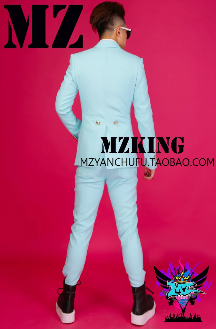 Мужской бар ночной клуб загружен певец DJ Quan Zhilong GD тренд эластичный льняной мятный синий двубортный Блейзер Костюмы Костюм