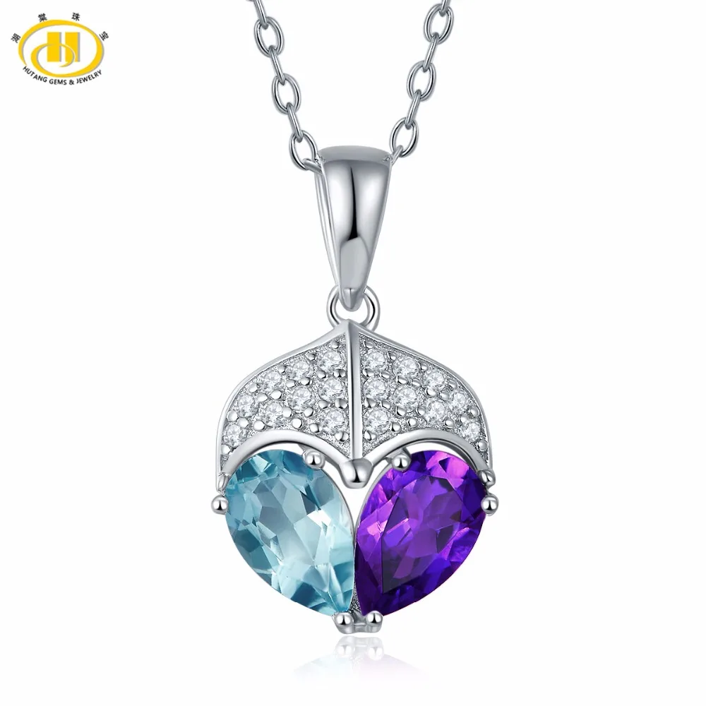 

Hutang Women's 2017 New Design Natural Blue topaz & Amethyst Pendant Solid 925 Sterling Silver Necklace Gemstone Fine Jewelry