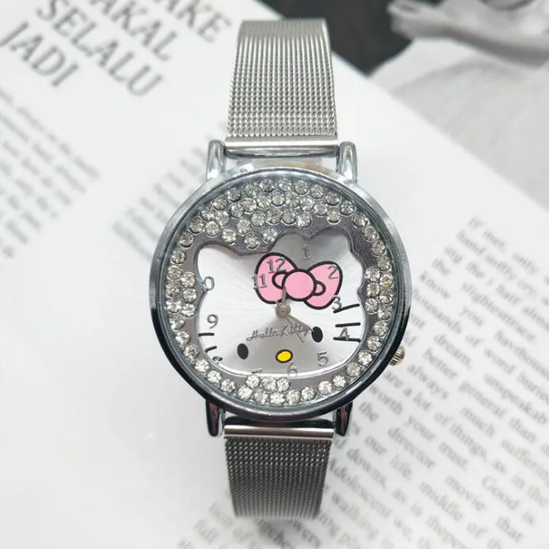 

Children Watches Cute Cartoon Hello Kitty Cat Watches Fashion Girls Watches Kids Watches Crystal Watches Silver montre enfant