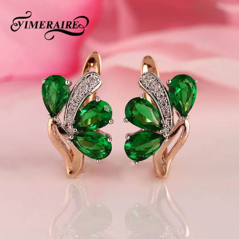 

New Green Red Water Drop Natural Zirconia Stud Earrings Korean Exclusive Design 585 Rose Gold Earrings Jewelry For Women Wedding