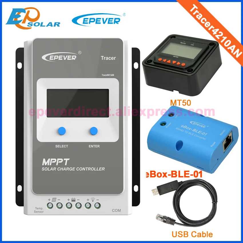 

voltage 12V 24V controller solar panels eBOX-BLE-01 USB cable and MT50 tracer4210AN 40A solar tracer tracking regulator