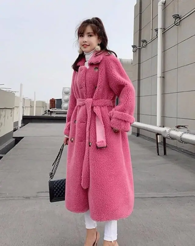 Зимняя женская Настоящая оторочка из овечьей шерсти, пальто, женская негабаритная Толстая теплая верхняя одежда из натурального овечьего меха, пальто с поясом K294