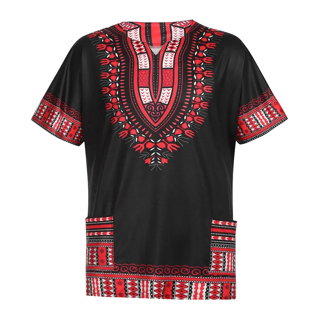 Африканская одежда мужская летняя винтажная африканская печать короткий рукав Карманы О шеи Топы Рубашка Блузки