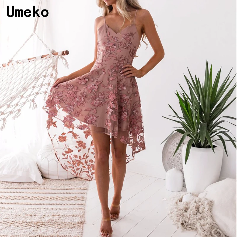 

Party Dress Women Elegant Sleeveless Backless Bandage Cute Embroidery Floral Lace Pink Casual Female Summer Dresses