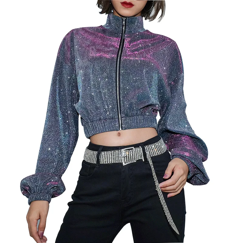 

Women Cropped Long Sleeve Korean Jackets Spring Autumn short zipper turtleneck silvery Reflector jackets Coats Mujer Streetwear