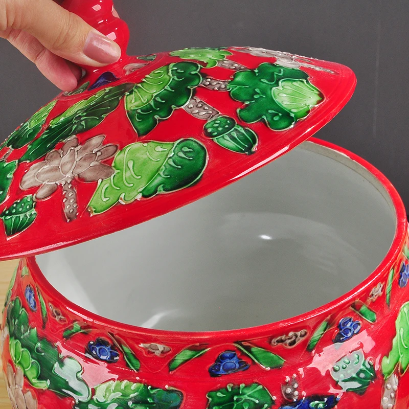  Chinese ceramic embossed lotus tea pot cake-like bulk tea cans collection storage box kitchen offic - 32964340157