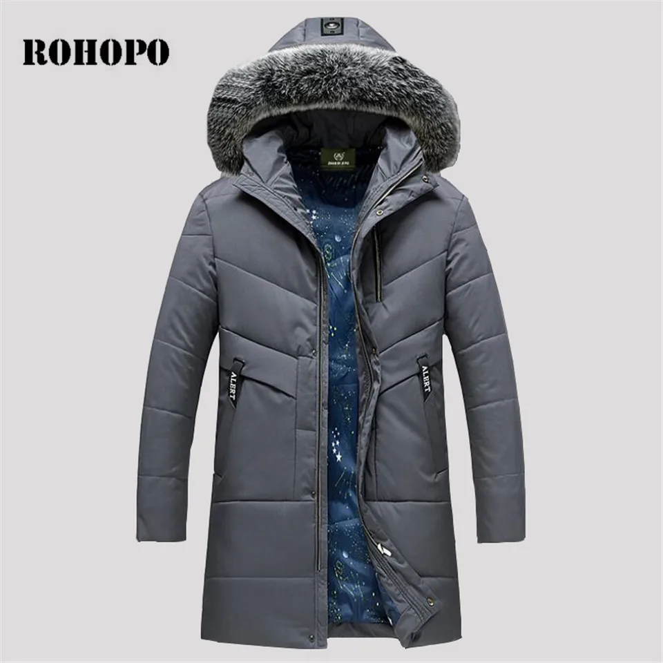 Мужская парка с меховым капюшоном ROHOPO длинная воротником зимняя теплая в стиле