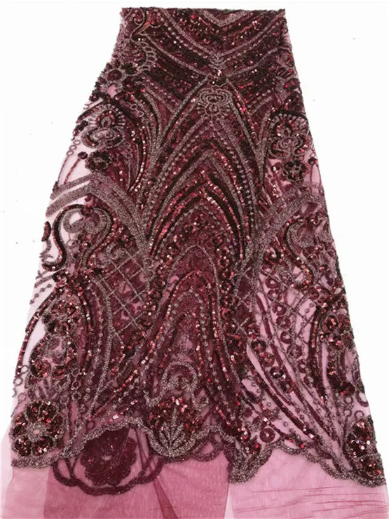 

2019 High quality Pink African lace fabric sequins french tulle lace fabric latest arrival hot sale 5 yards for dress wine
