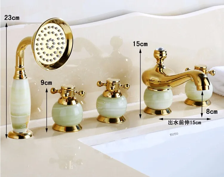 Новое поступление, латунный золотой и нефритовый 5 шт., набор для ванной комнаты с душевой головкой, затычка для ванн, смесители