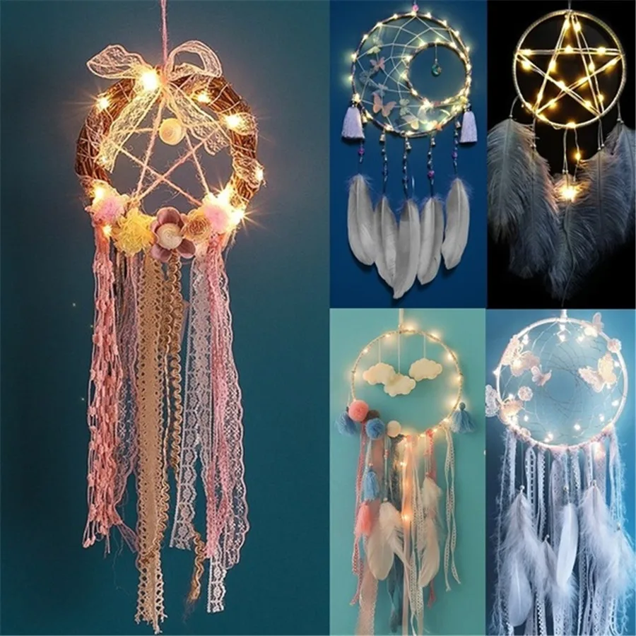 

LED Lighting Dream Catcher Girls Dreamlike Feather Bedroom Romantic Dreamcatcher Home Bedside Wall Hanging Party Wedding Decors