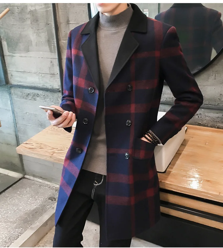 Новая модная мужская повседневная куртка средней длины, мужское шерстяное пальто, клетчатое пальто с отложным воротником, двубортное жаккардовое Полосатое пальто
