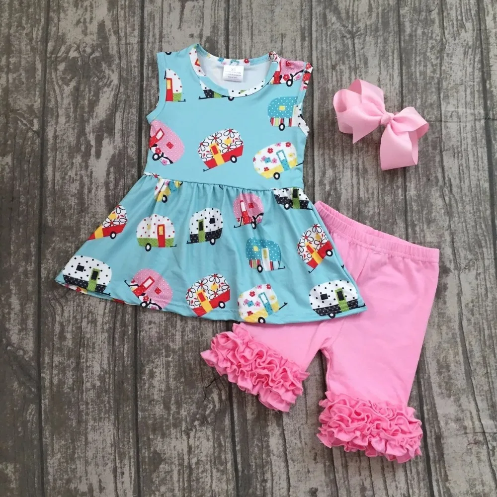 

2018 new arrivals Summer outfit camper bus capris set pink icing ruffle short back to school baby kids wear boutique with bow