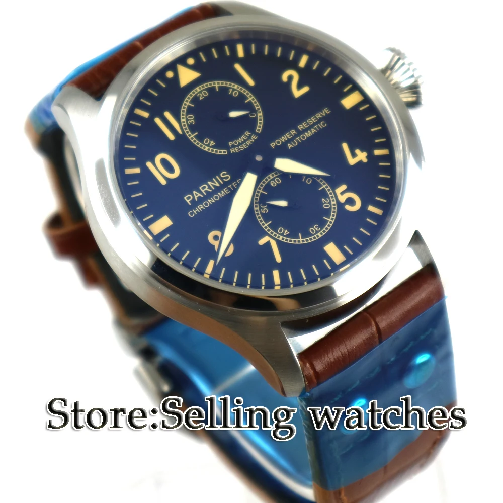 

New arrive 47mm parnis BLack Dial Steel Case Blue mark Power Reserve Luminous Leather Automatic movement mens' Watch