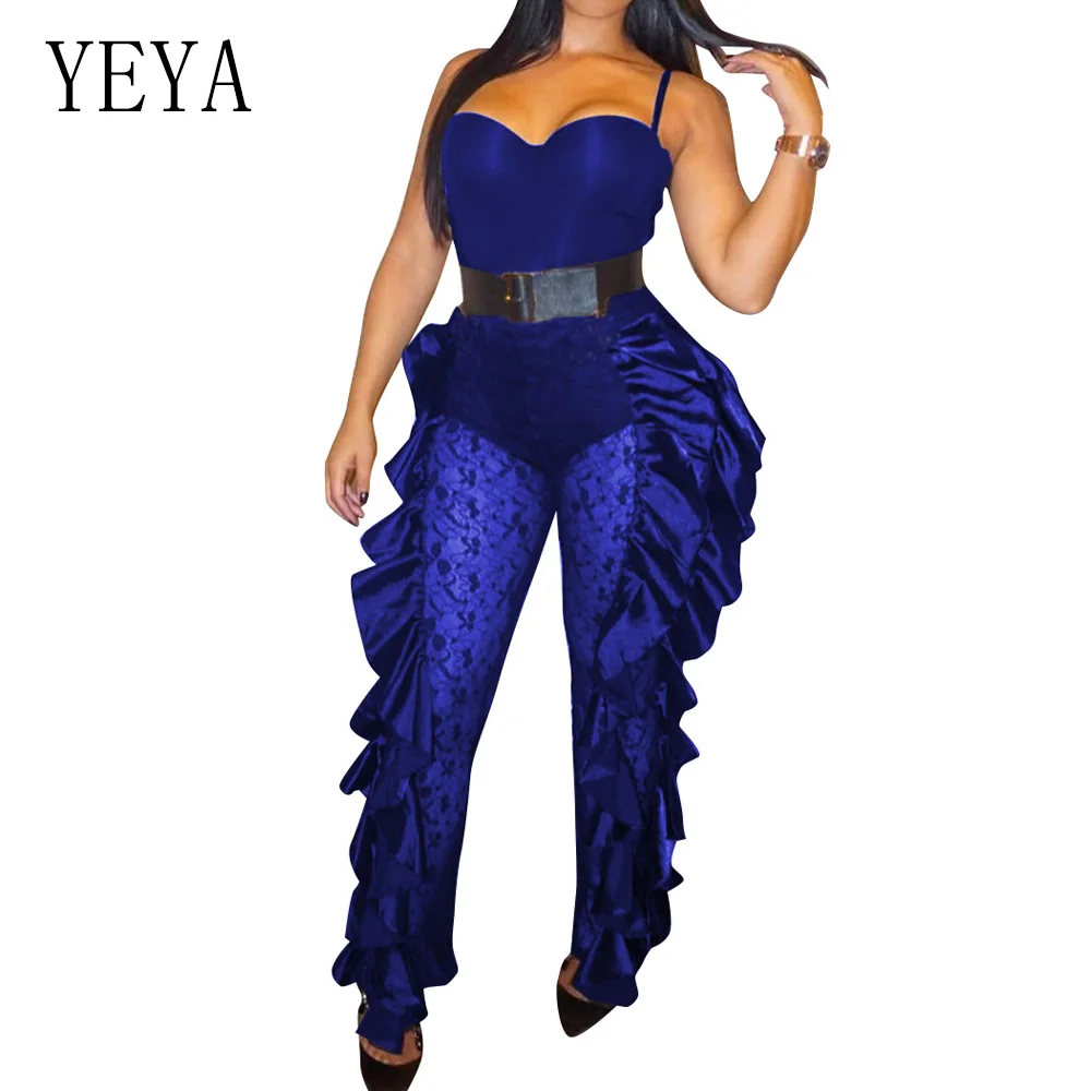 YEYA Off Shoulder Lace Patchwork Jumpsuit Women Sexy See Through Mesh Ruffles Bodycon Long Pants Romper Club Party Jumpsuits