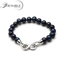 Настоящий круглый черный круглый пресноводный жемчуг женский браслет, Свадебный культивированный браслет 925 серебряные ювелирные украшения день рождения дочери подарок
