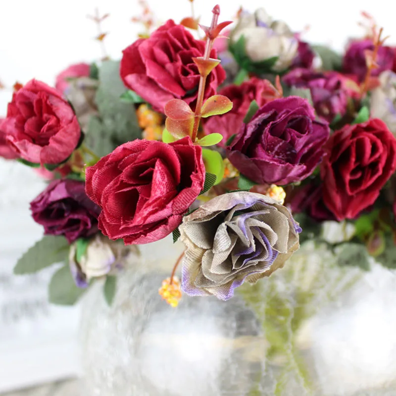 Flone Artificial Silk Rose Bouquet Fake Flowers Home Wedding Display Flower European Rose Small Bouquet Party Decoration (22)