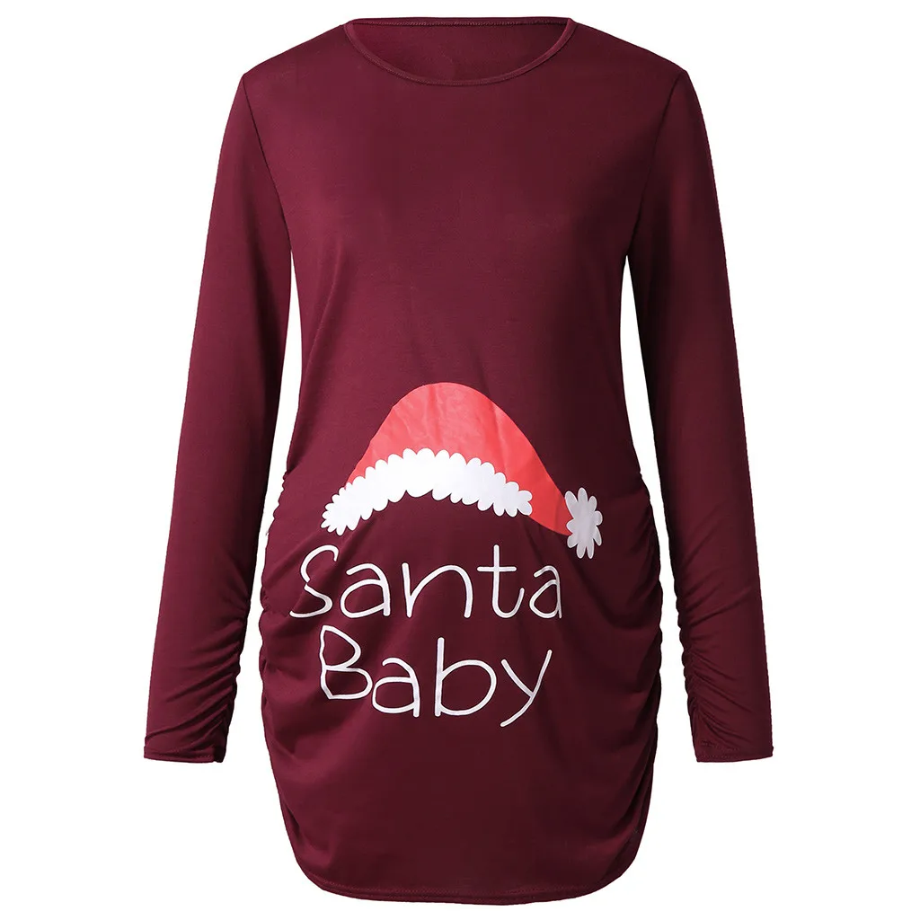 Популярные милые футболки для беременных женщин с рождественским принтом, с рюшами сбоку, с длинным рукавом, топ для беременных, Одежда для беременных