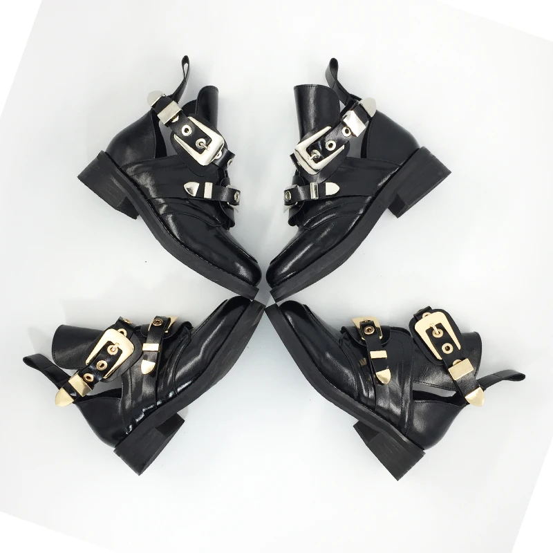 

Brand Hot Ankle Boots Heel Short Booties Gold Silver Metal Buckle Design Botas Woman Chaussures Femmes Runway Star Boots Chic