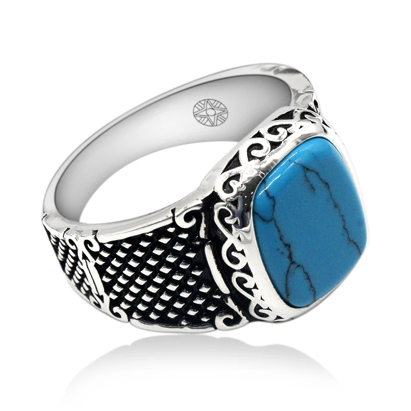 925 пробы Серебряное мужское кольцо с геометрическим небесно-голубым камнем, кольцо на палец в винтажном стиле панк для мужчин, модное ювелирное изделие