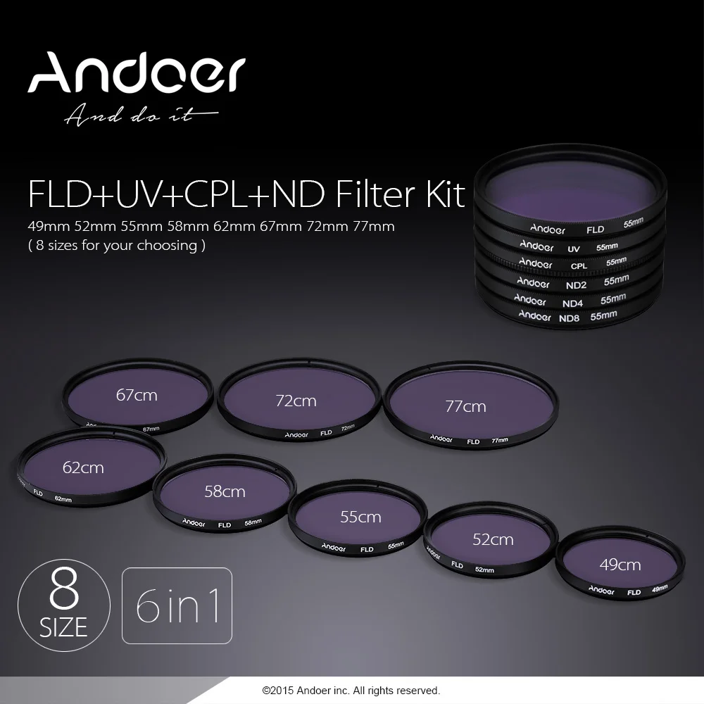 Набор фильтров для фотографии Andoer 49/52/55/58/62/67/72/77 мм UV + CPL FLD ND (ND2 ND4 ND8) набор Nikon Canon Sony