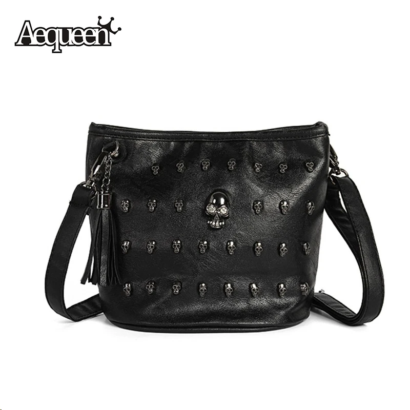 Fashion Women Shoulder Ladies Messenger Skull Face Studs Punk Rivet PU Leather Goth Coressbaby Zipper Tassels Vintage Style