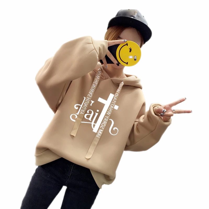

Fleece Hooded Sweatshirt Women 2019 Kpop Harajuku Solid Color Printing Letter Hoodies Women Thicken Warm Top Female Winter New
