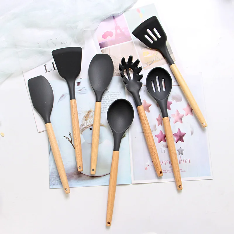 Qookiee Silicone Spatula Slotted Spoon Ladle Spoon Pasata Fork Oil Brush Heat-resistant Non-stick Cooking Shovel Kictchen Tools