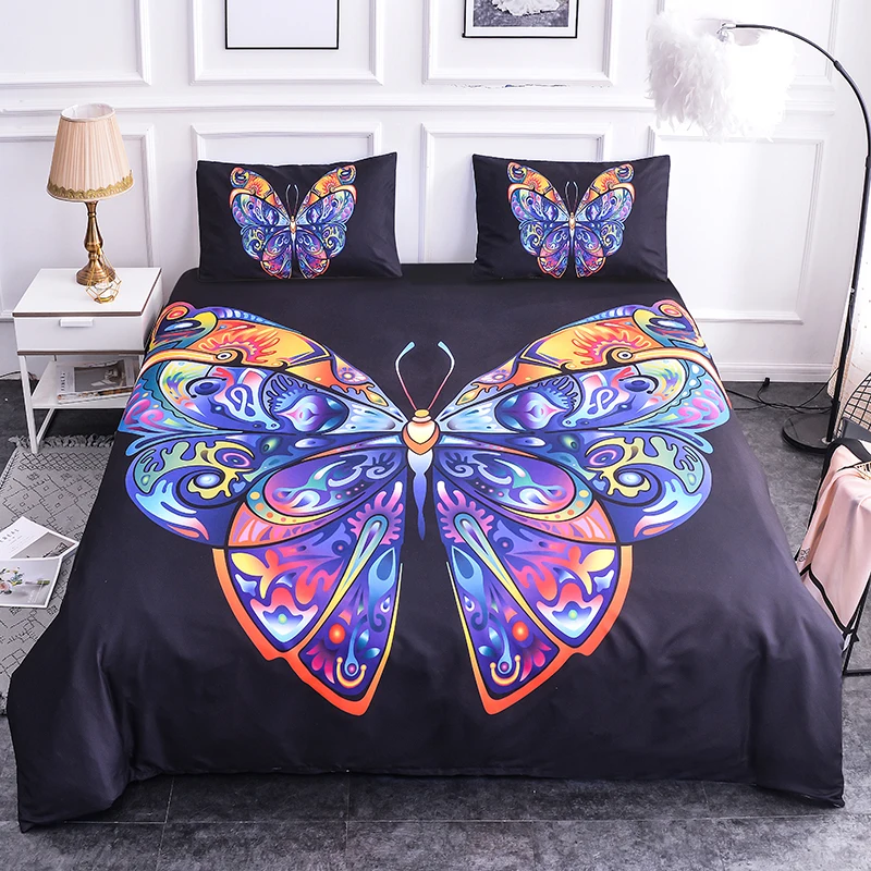 

ZEIMON Black Room Decoration 3pcs Bedding Sets 3D Cartoon Butterfly Colorful Polyester Home Textiles Queen/King/Full/Twin Size
