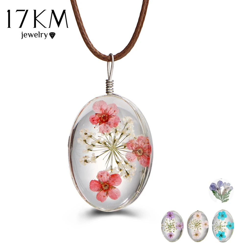 17 KM Novo Estilo Pingente de Vidro Colares de Flores Secas Para As Meninas Do Vintage Corda Chian Colar Pingentes de Cristal Bijoux para As Mulheres