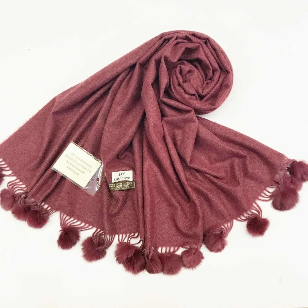 Женский однотонный кашемировый шарф с меховым помпоном Rubbit, зимний шарф высокого качества, женский шарф из пашмины, шаль, шарф 2018, новый шарф