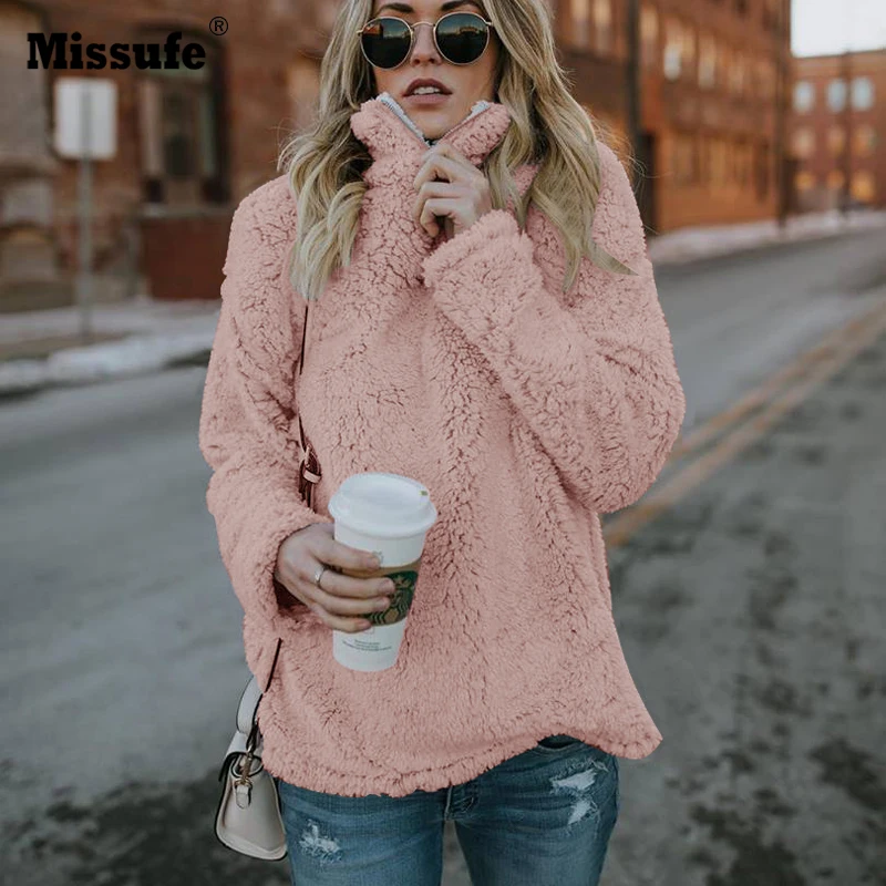  Missufe 2018 Autumn Winter Stand Collar Sweatshirt Long Sleeve Warm Soft Hoodies Pullovers Loose Pl